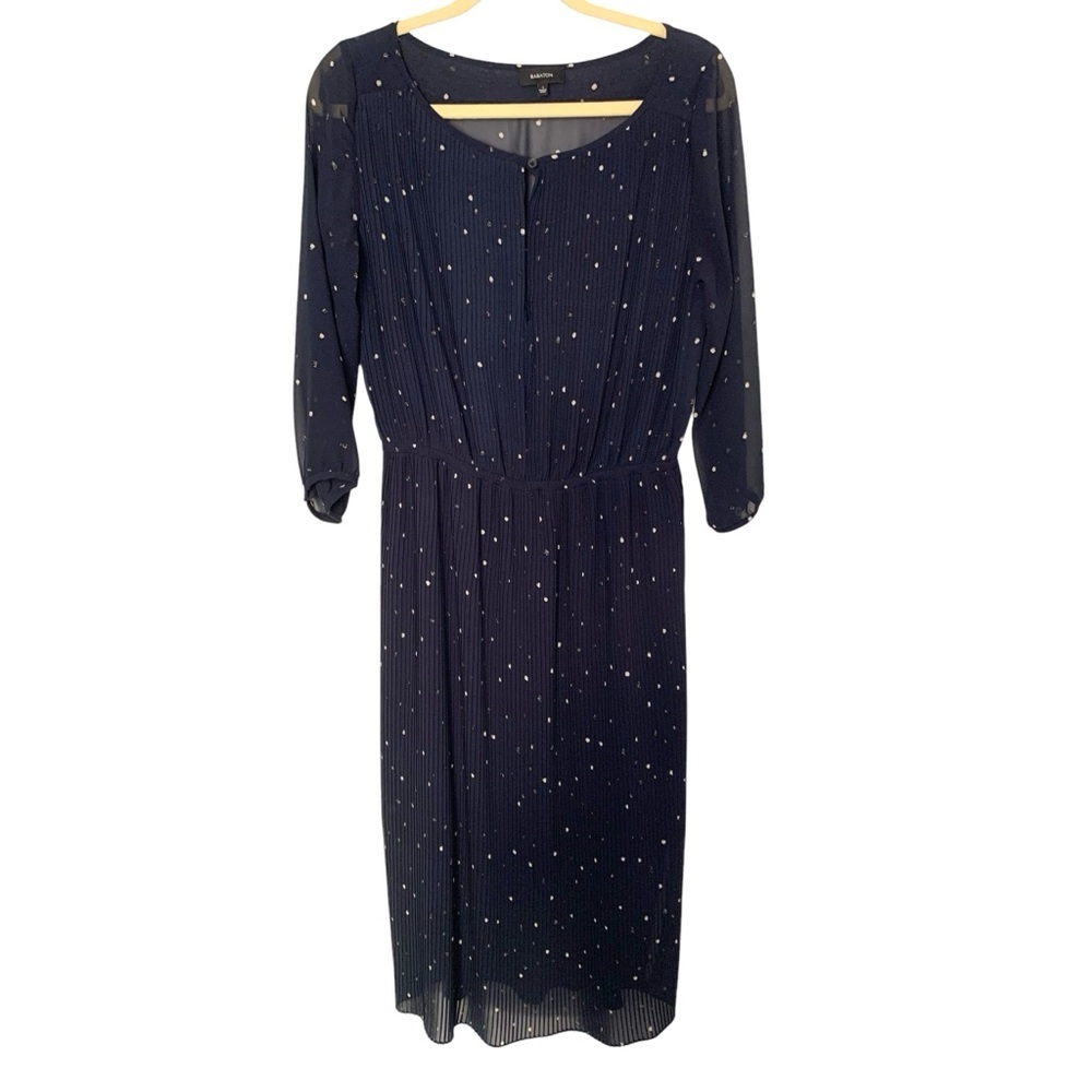 Babaton Navy Blue Pleated Polka Dot Keyhole Pieter Career Modest Midi Dress - S